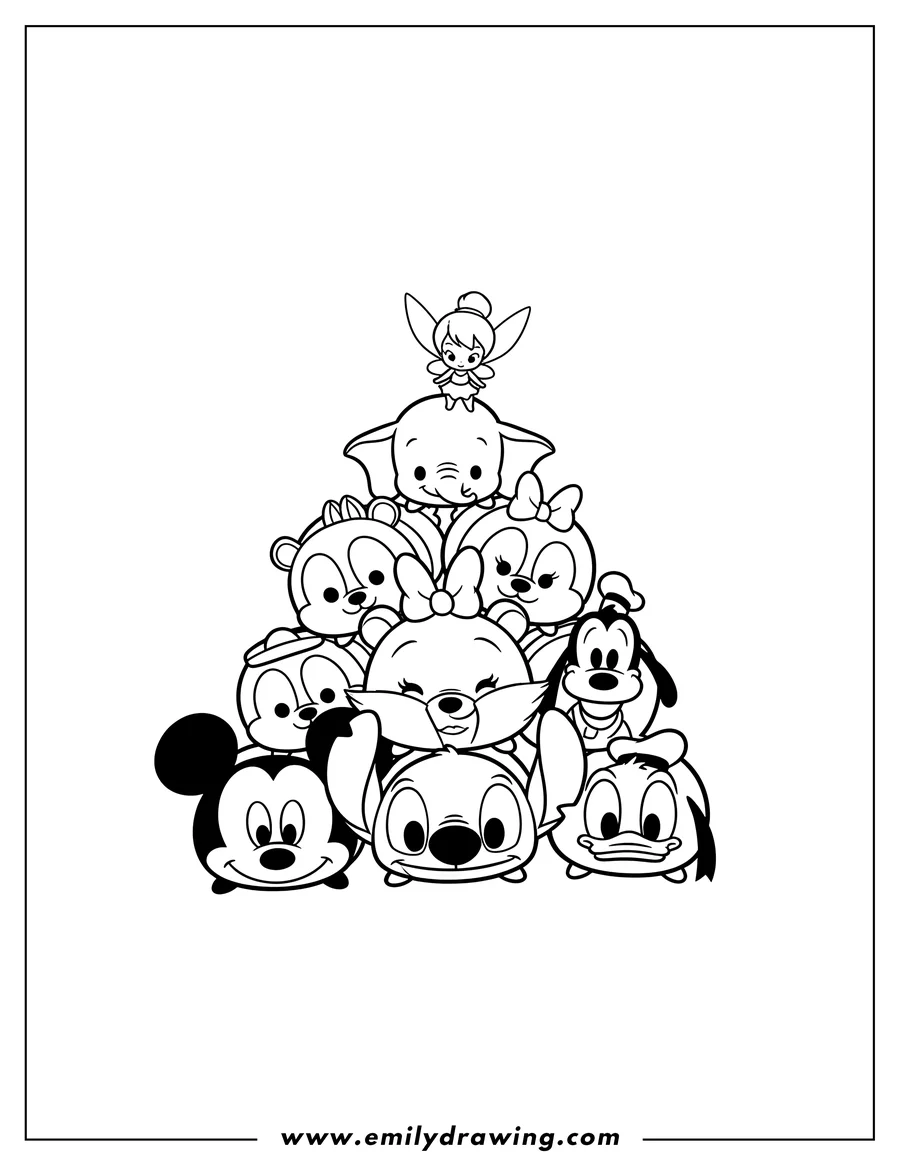 Simple sketch of tsum Tsum Pyramid with Mickey, Stitch, Donald Duck, Marie, and others to color