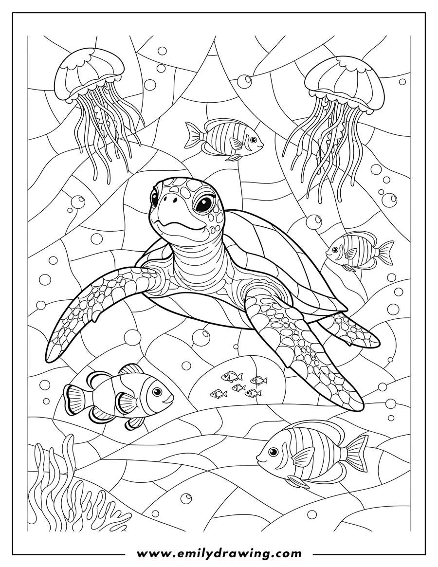Linear illustration of turtle, jellyfish, and fish swimming under sea mosaic
