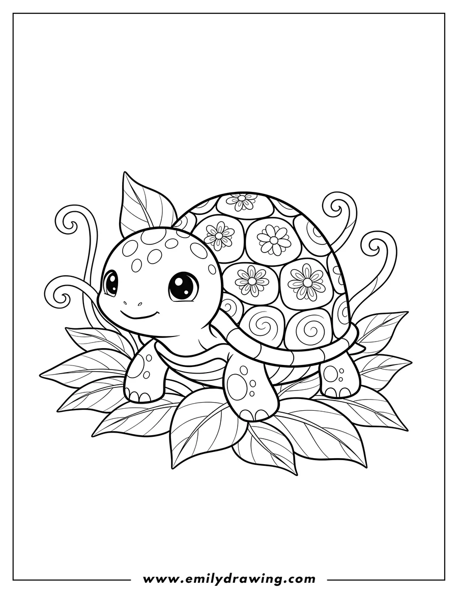 Coloring page of kawaii Turtle Scaled, among leaves
