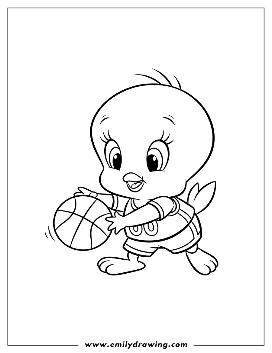 Outline drawing of kawaii Tweety Bird wearing a basketball uniform and dribbling a basketball, for preschoolers