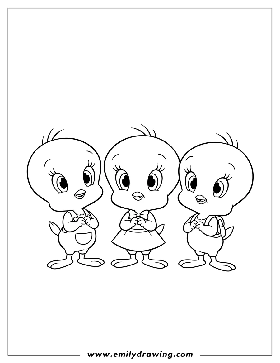 Linear illustration of kawaii Tweety Bird Preschoolers, hands clasped and looking up