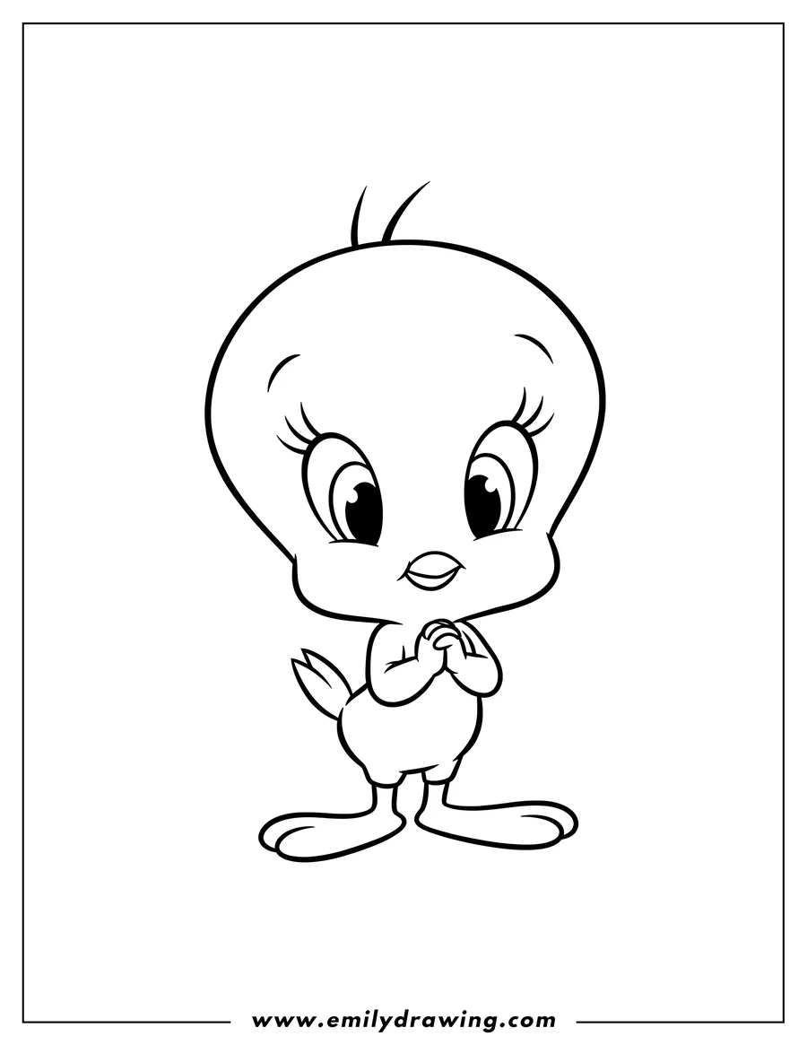 PDF style coloring page: kawaii Tweety Bird standing with clasped hands