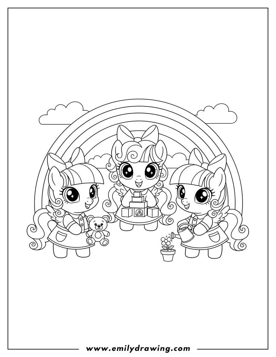 PDF style coloring page: kawaii Twilight Sparkle Preschoolers with big sparkling eyes, smiling, and small wings