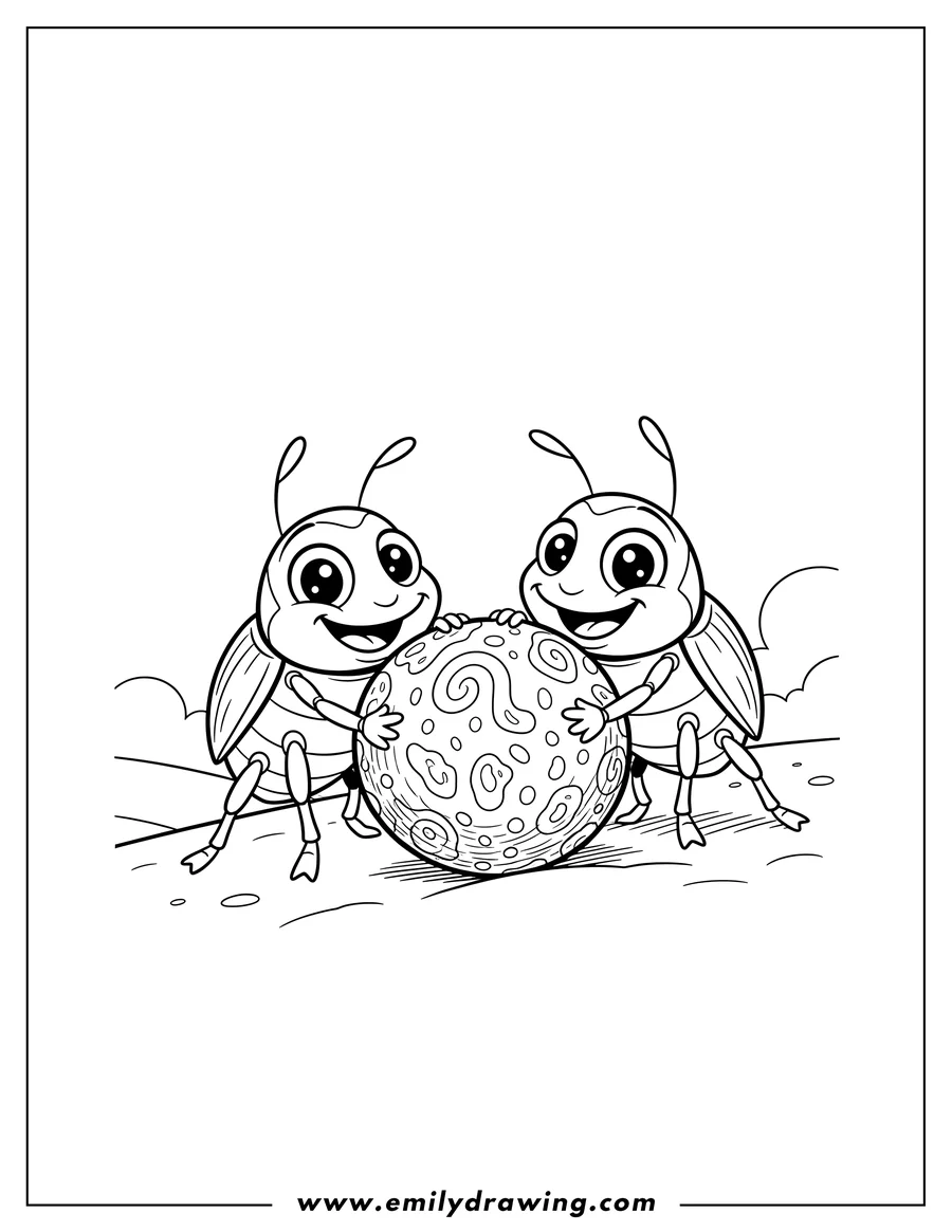 Linear illustration of two big-eyed beetles rolling a large ball