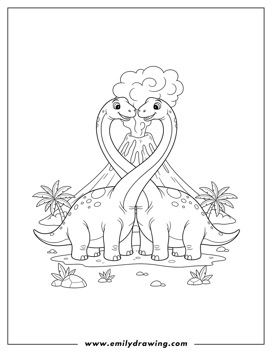 Doodle style coloring picture of two Brachiosaurus with intertwined necks in front of a smoking volcano