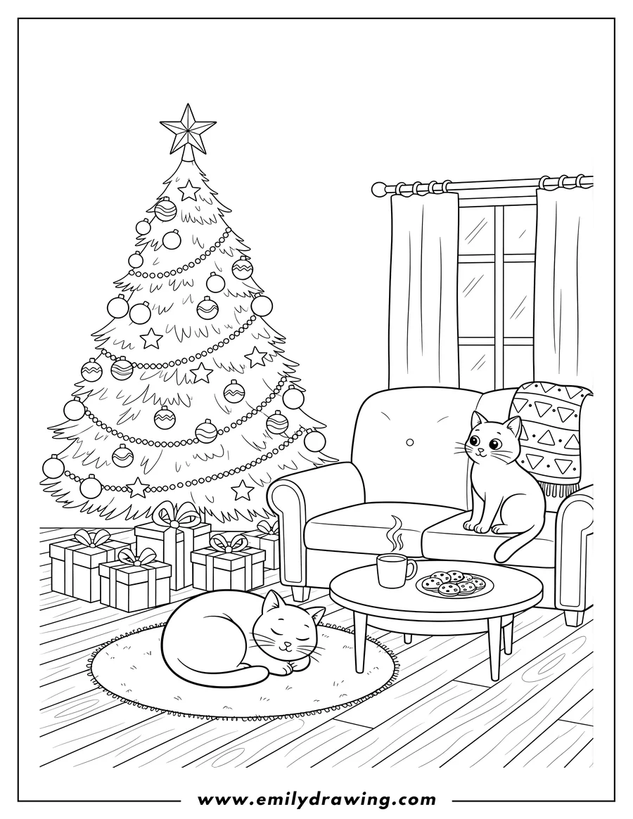 High quality printable two cats, one sleeping by presents and one sitting on a couch, in a living room with a Christmas tree for coloring
