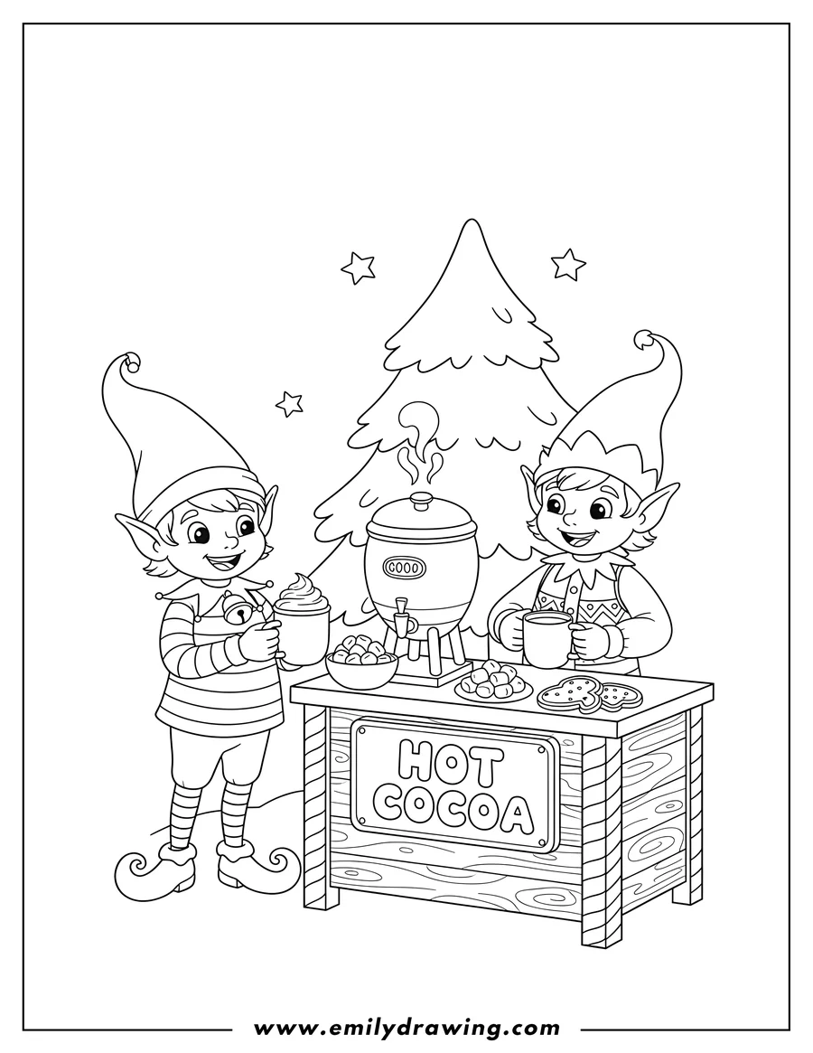 Linear illustration of two North Pole Elves serving hot chocolate at a stand, holding mugs