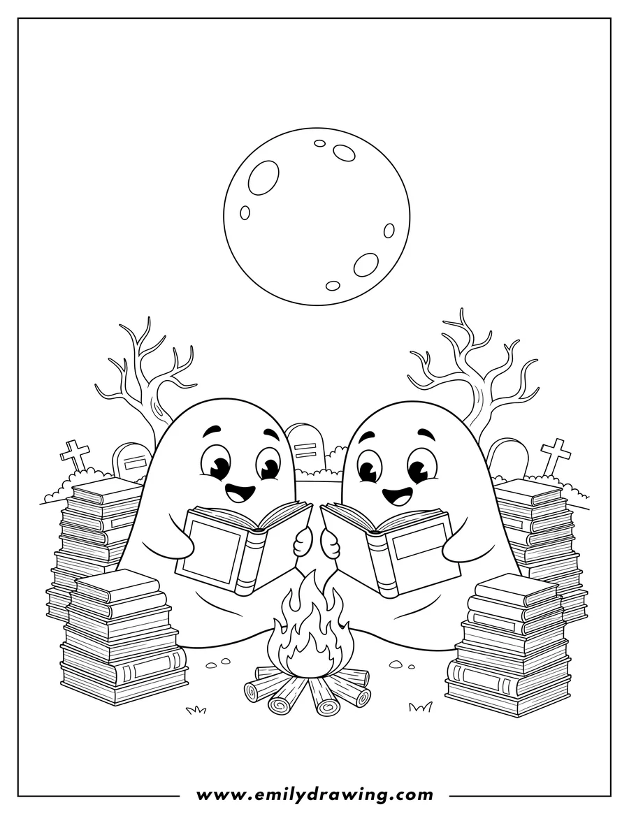 Coloring page of two sitting ghosts holding open books and reading by a campfire under a full moon, with stacks of books nearby. Halloween Adults