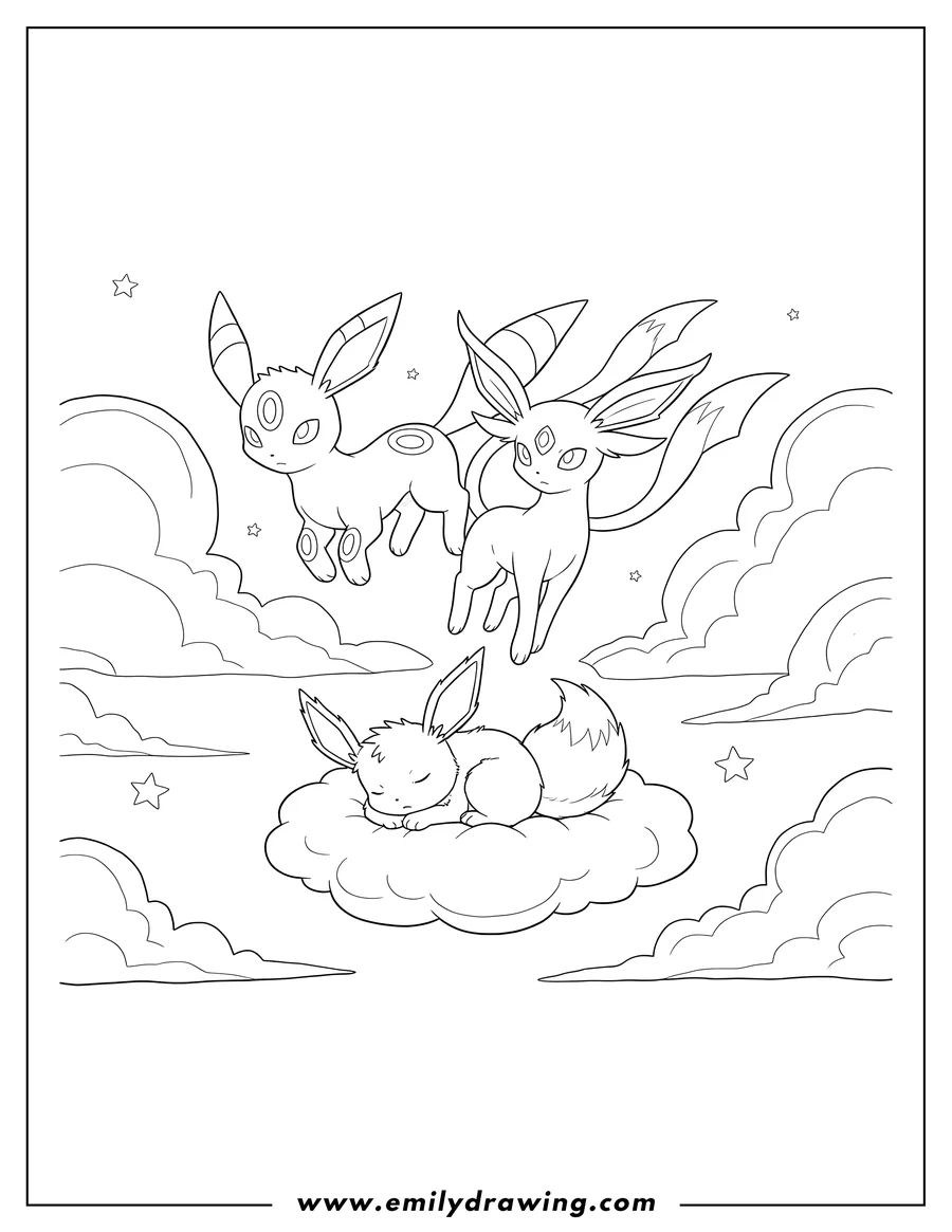 Free to print drawing of umbreon and Espeon flying, with Eevee sleeping