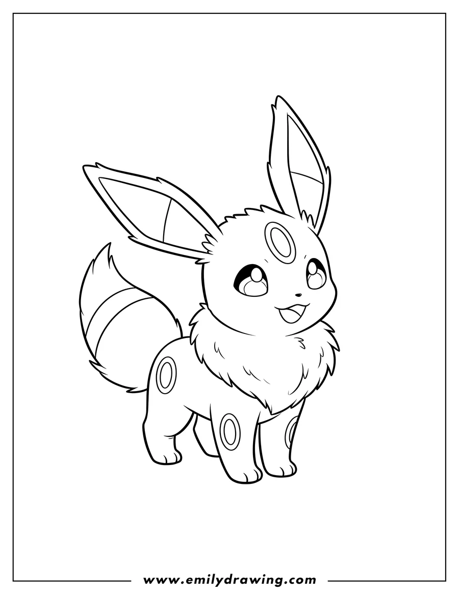 Coloring sheet featuring kawaii Umbreon Eevee standing and looking to the side