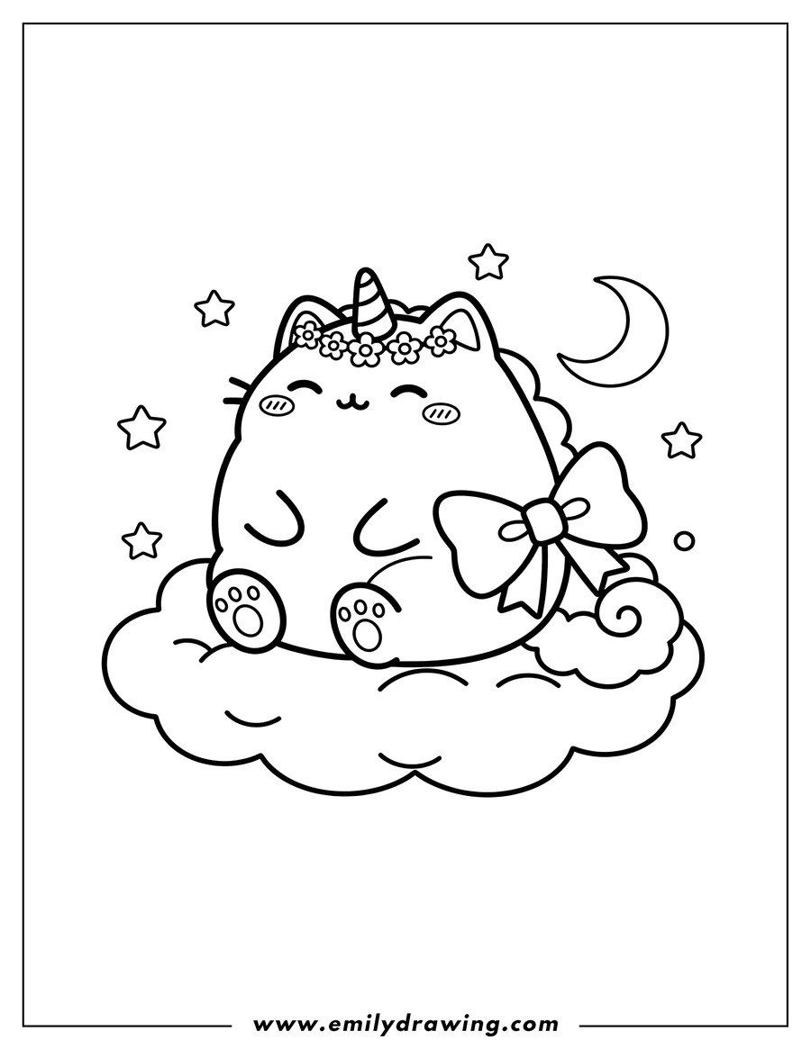 Free to print drawing of kawaii Unicorn Pusheen on a cloud with a bow on its tail, scaled
