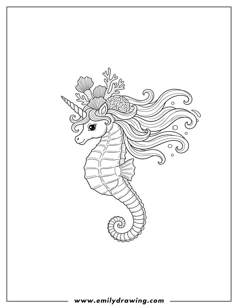 Downloadable coloring page of unicorn Seahorse with a flowing mane and coral on its head