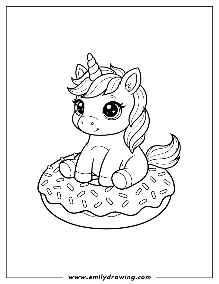 Full page coloring image of kawaii Unicorn with large eyes on a sprinkle donut