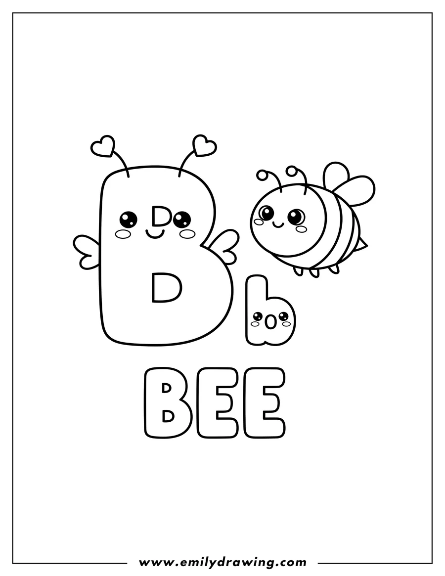 Coloring page for kids: kawaii uppercase and lowercase B with a cartoon bee and the word bee