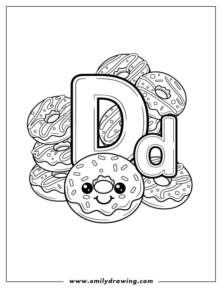 Coloring sheet featuring uppercase D and lowercase d surrounded by cute donuts, one with a happy face