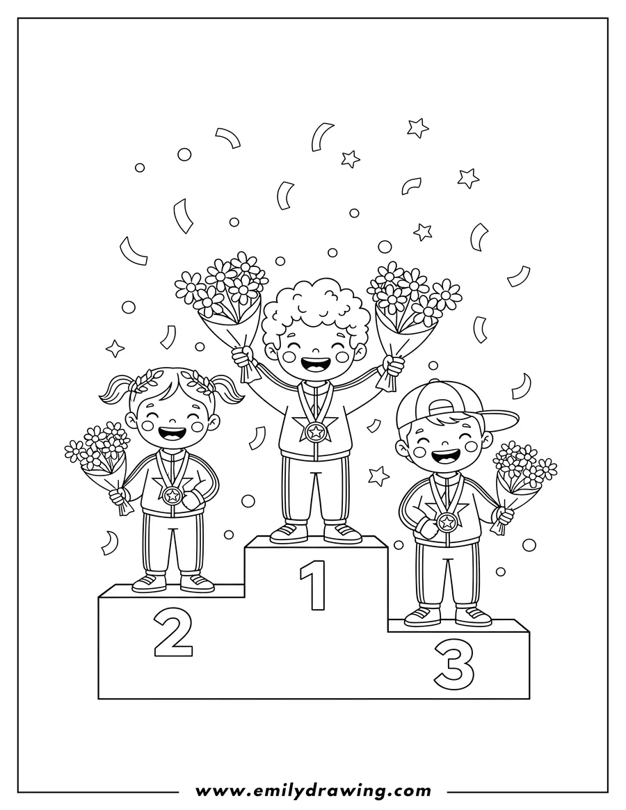 High quality printable usa Olympic Champion children on tri-level podium with confetti, wearing medals and laurel wreaths, holding flower bouquets for coloring