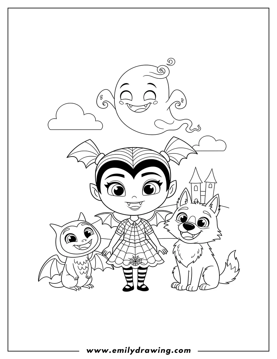 Black and white line art of kawaii Vampirina with Gregoria, Demi floating, and Wolfie, all smiling