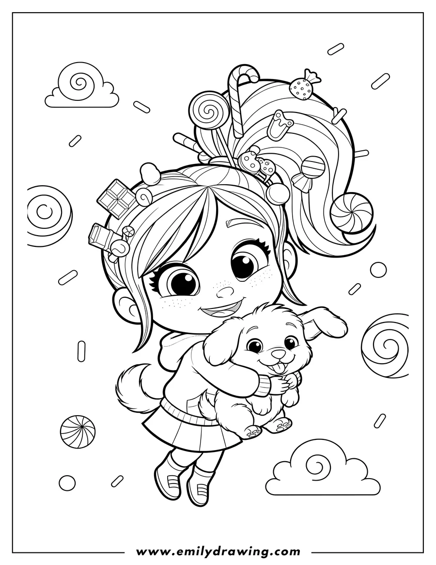 High quality printable smiling Kawaii Vanellope with candy in her ponytail hugging a cute, happy puppy for coloring