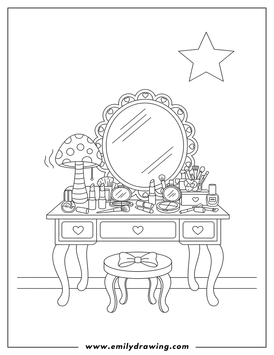 Printable line art of vanity Desk Full Make Up with a mirror, lamp, and heart-shaped drawer handles