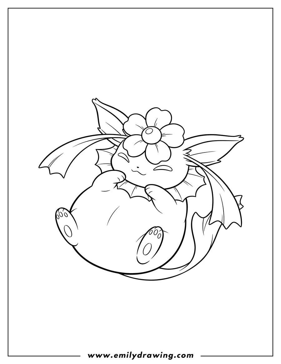 Free printable coloring sheet of kawaii Vaporeon lying on its back with a flower on its head
