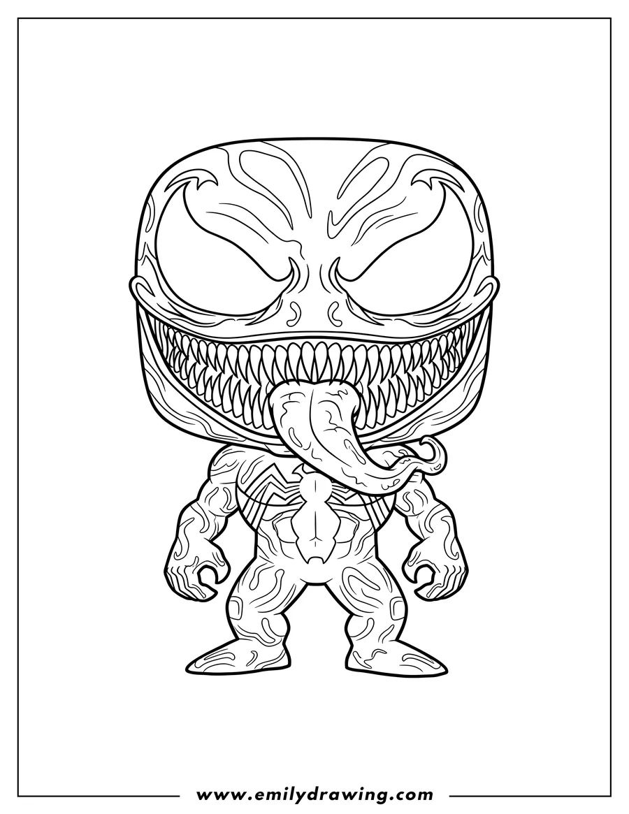 Black and white line art of venom Funko Pop with a wide, toothy grin, tongue out, and symbiote patterns