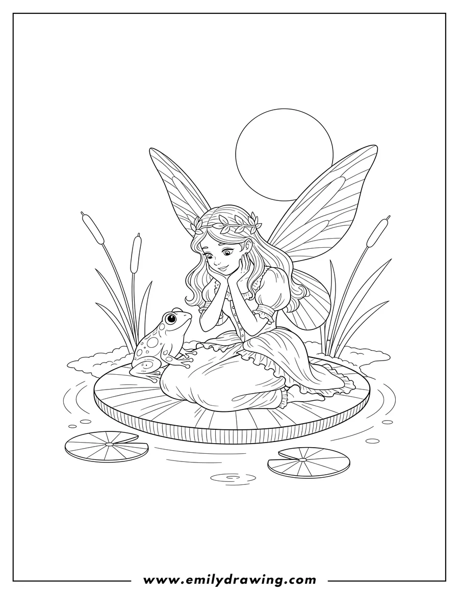 Printable line art of vintage Fairy Sitting On Lily Pod, hands clasped under chin, interacting with a frog