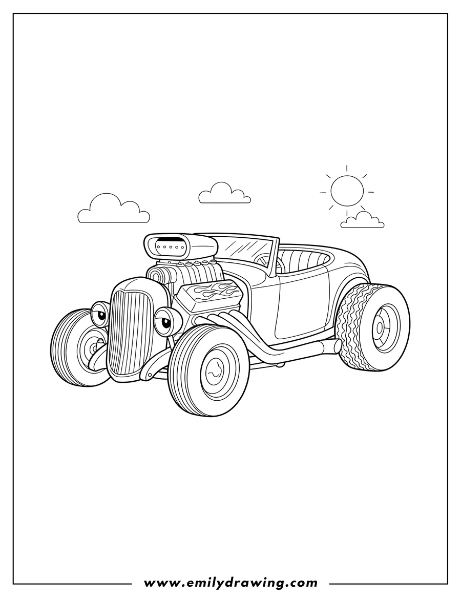 Free to print drawing of vintage Hot Rod Design with a large exposed engine and side exhausts