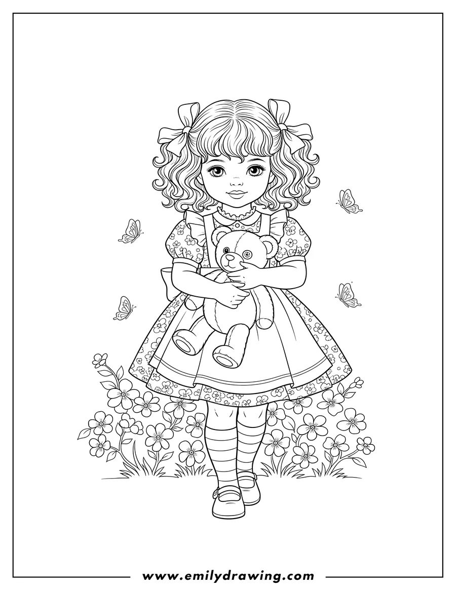 Free printable coloring sheet of vintage Little Girl with bows and curly pigtails, wearing an apron, walking and carrying a teddy bear