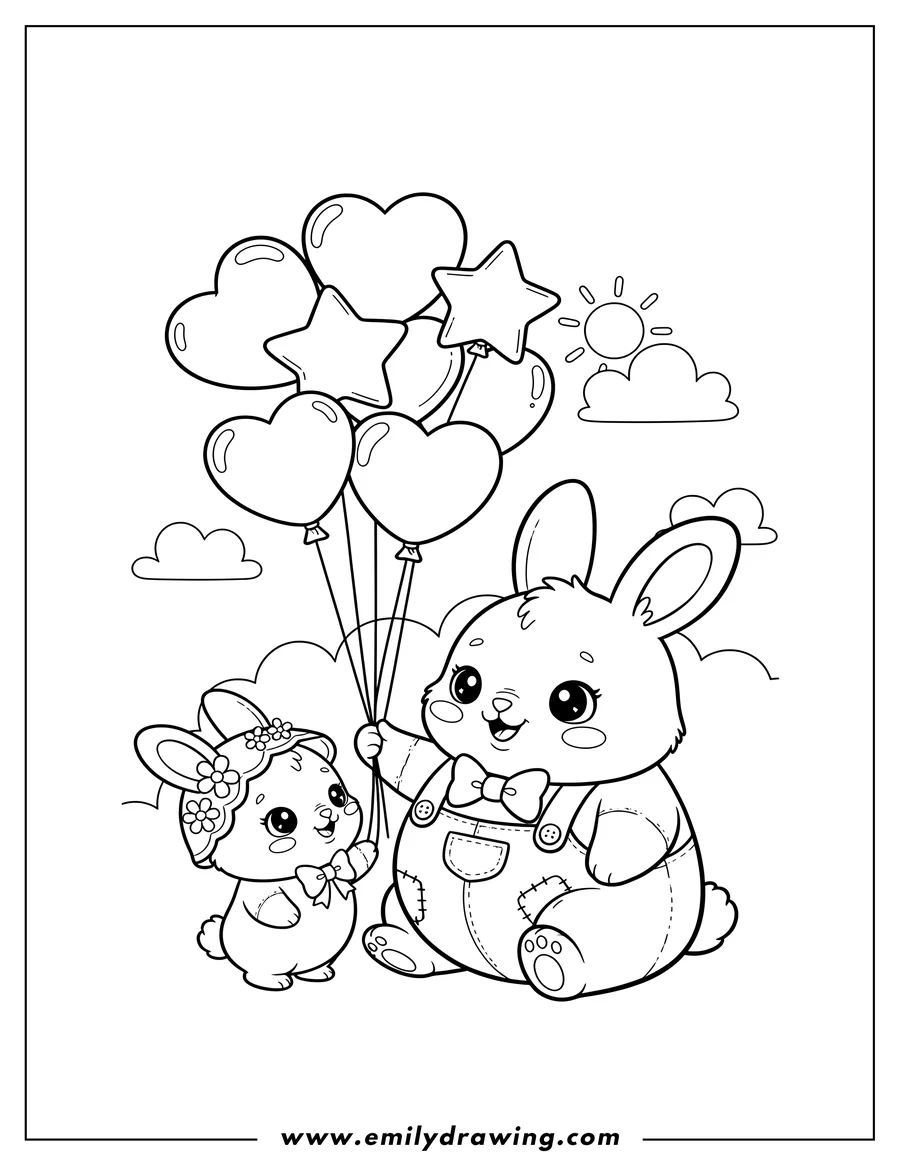 Linear illustration of kawaii Vintage two rabbits, one large and one small, holding balloons, with the smaller one looking up, for preschoolers