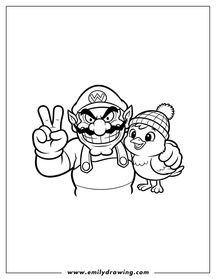 Printable line art of wario grinning and holding up two fingers, posing with a smiling green bird preschooler wearing a pom-pom hat
