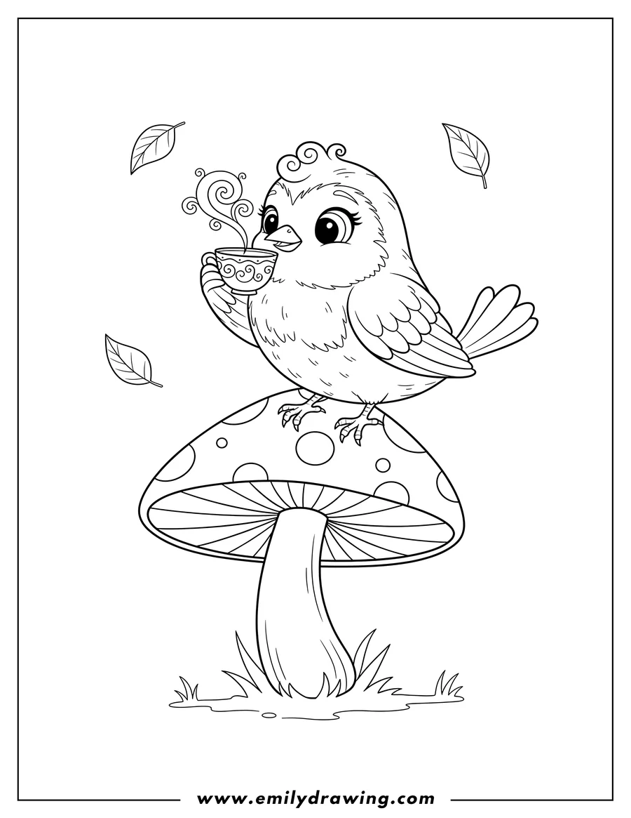 Free to print drawing of whimsical Robin drinking from a teacup while sitting on a spotted mushroom