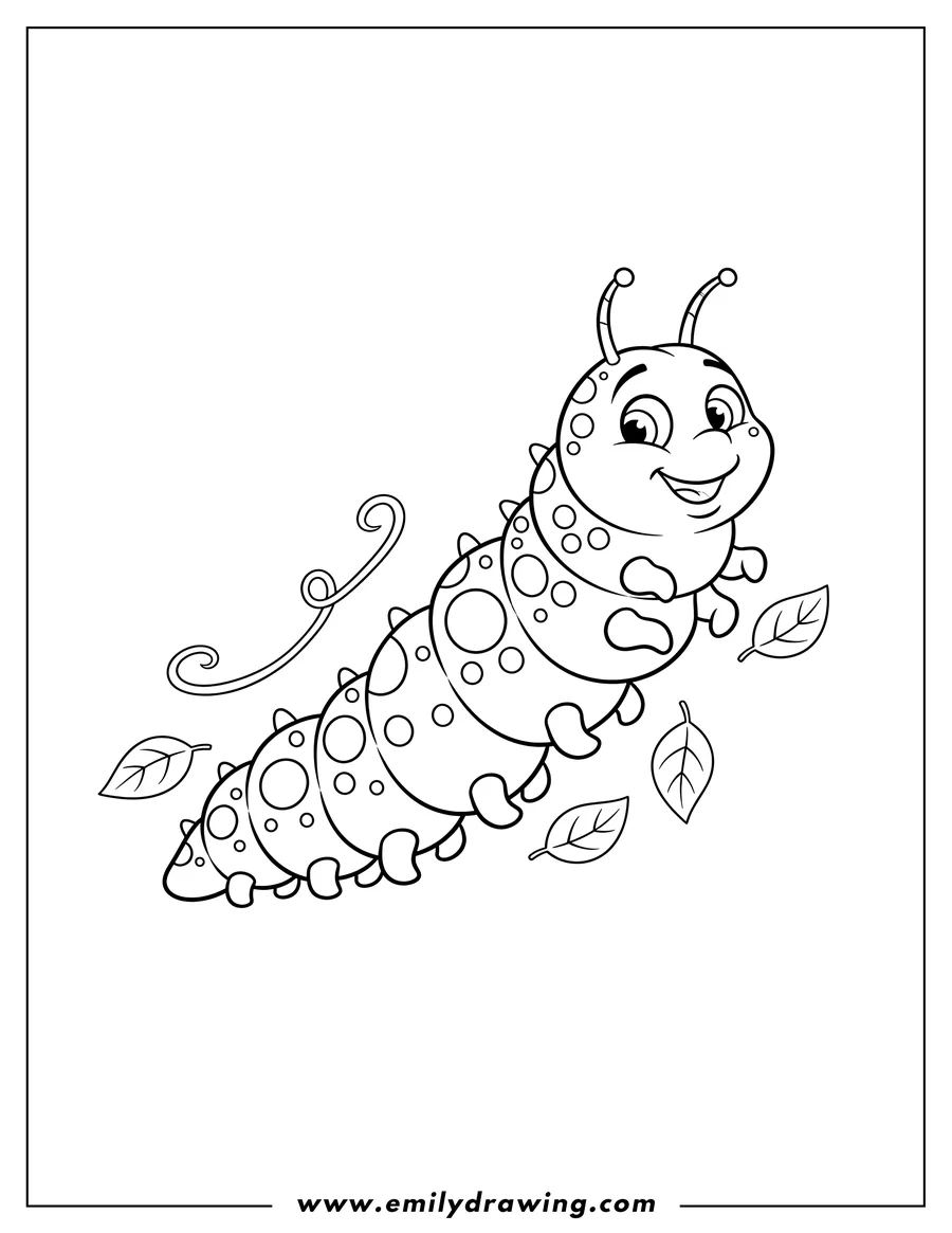 Linear illustration of wiggling caterpillar with a segmented body, spots, and small spikes to color