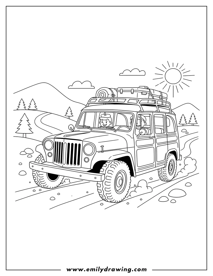 Downloadable coloring page of willys Jeep Station Wagon with a roof rack driving off-road