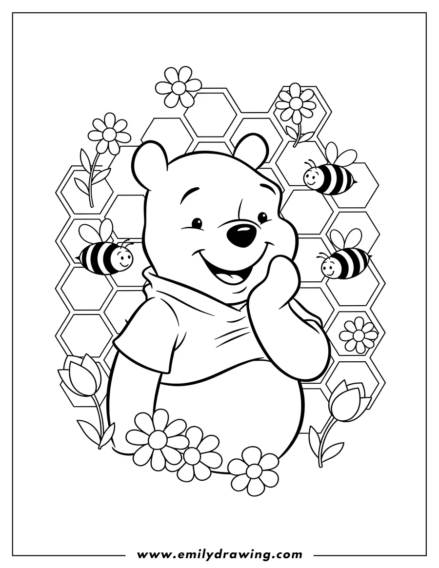 Free to print drawing of winnie Pooh smiling with a hand on his chin, with bees, honeycomb shapes, and flowers, to color