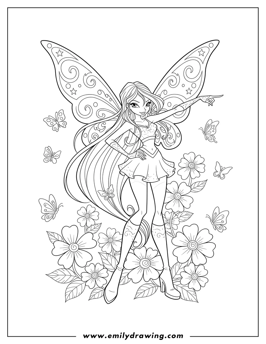 Coloring page for kids: winx Club Stella with wings in a sassy pose, surrounded by flowers and butterflies