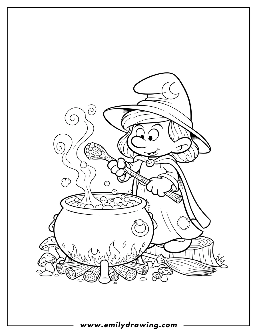 Free to print drawing of witch Smurfette stirring a steaming cauldron