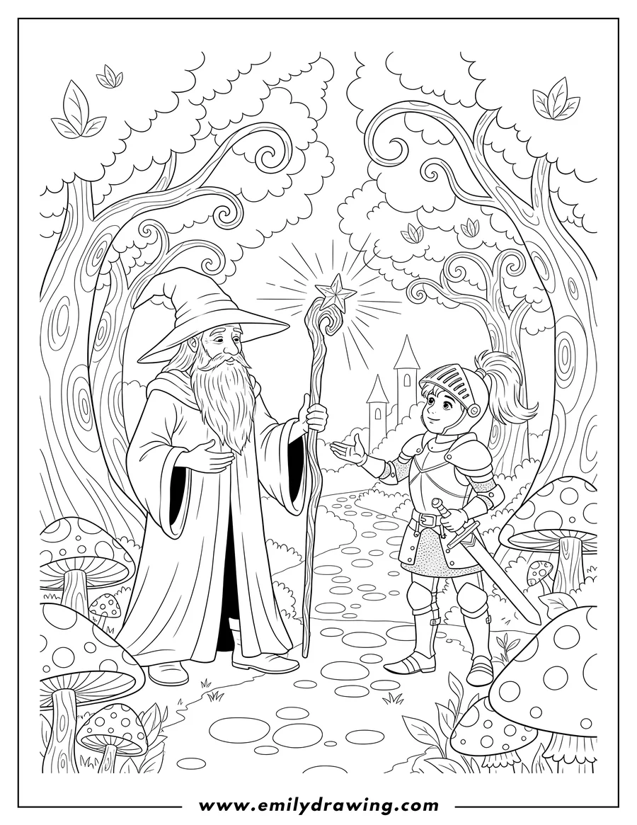 Doodle style coloring picture of wizard with a glowing magic wand blessing a young knight looking up with an outstretched arm in an enchanted forest