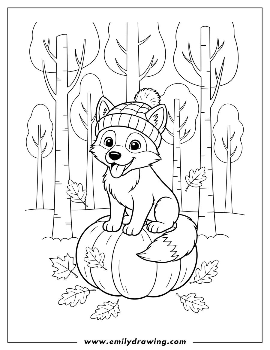 Downloadable coloring page of wolf Pup Wearing Knit Hat sitting on a pumpkin, happy with tongue out, with Autumn Leaves and Trees