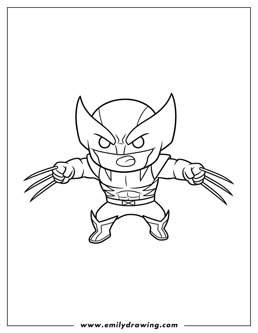 Simple sketch of kawaii Wolverine V2 with extended claws in an action pose to color