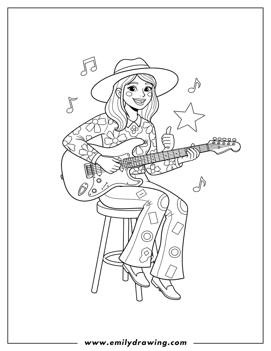 Coloring page of woman Hat Playing Electric Guitar, sitting on a stool, giving thumbs up