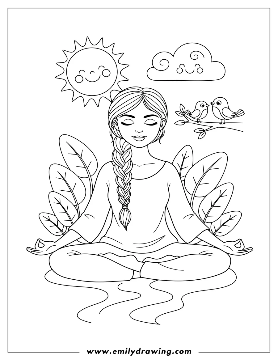 Linear illustration of woman meditating in lotus pose with closed eyes and braided hair, in nature