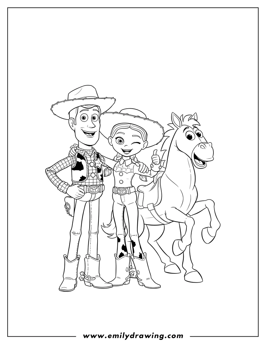 Full page coloring image of woody, Jessie, and Bullseye standing and posing together, with Jessie winking