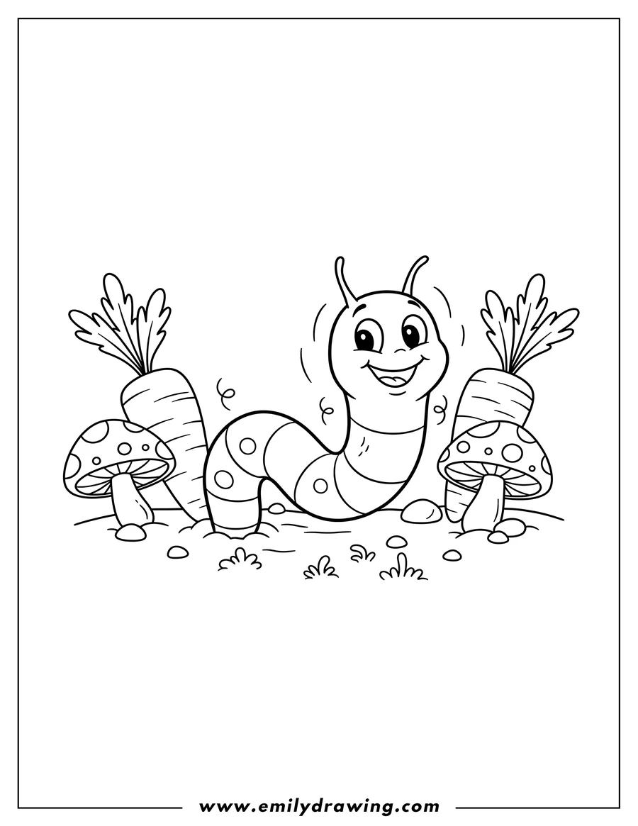 Downloadable coloring page of cute smiling wiggling worm in an underground garden with carrots and mushrooms for preschoolers