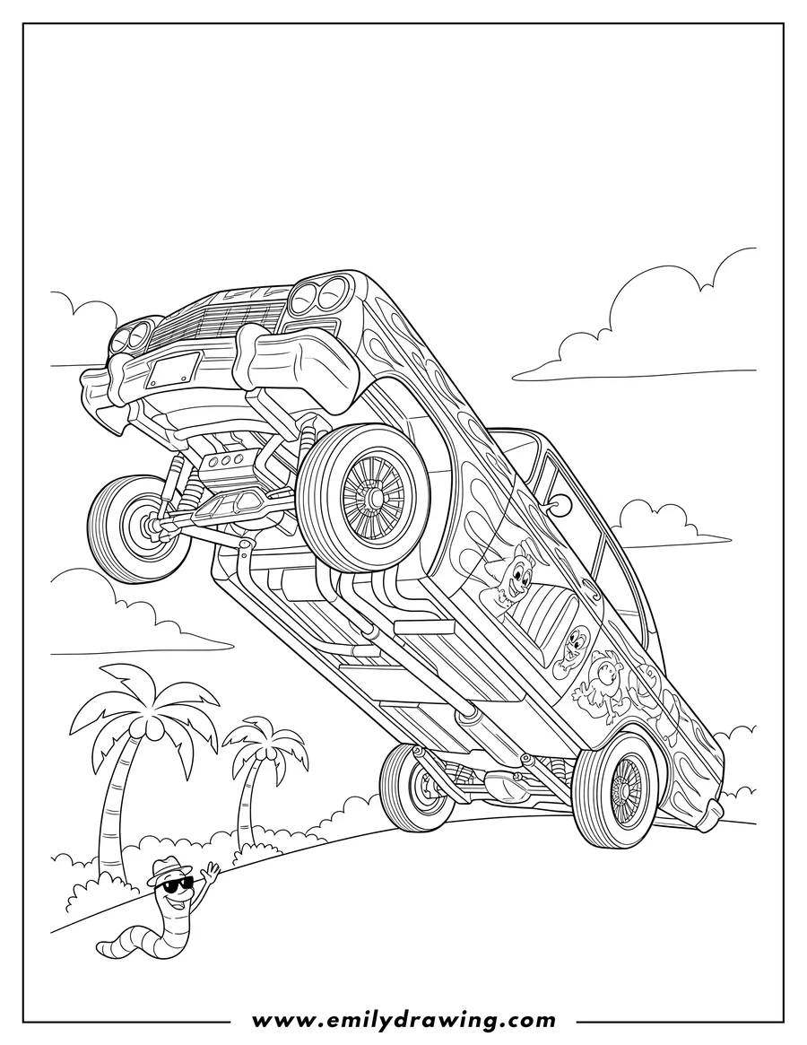 Free to print drawing of detailed Worm S Eye View Lowrider, with its front end raised on hydraulics