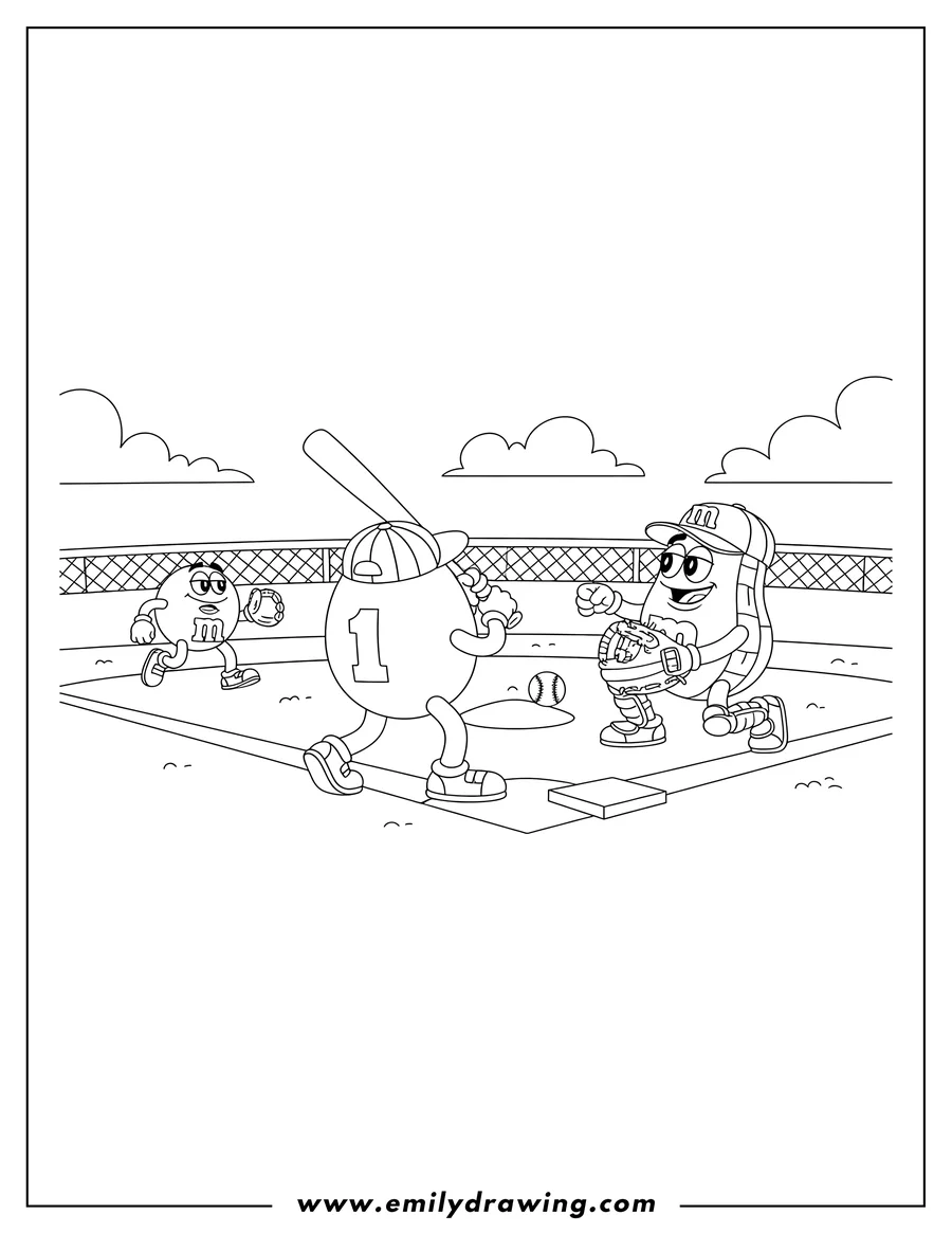 Downloadable coloring page of yellow, Peanut, and Red M&Ms playing baseball, with Red M&M batting and Peanut M&M catching