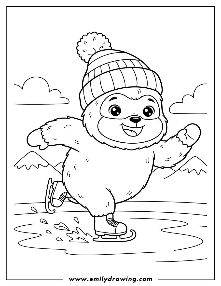 PDF style coloring page: kawaii Yeti wearing a pom-pom hat, smiling and ice skating for preschoolers