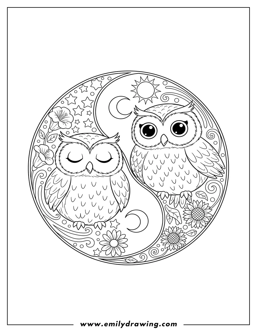 Coloring page for kids: yin And Yang Owl Nature, with one owl sleeping and one owl awake