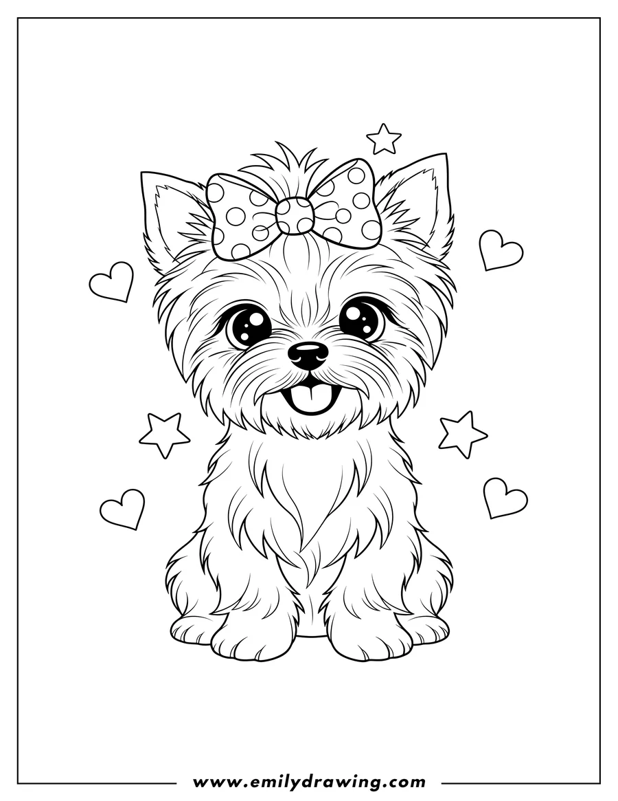 Simple sketch of kawaii Yorkshire Terrier sitting and smiling with a bow on its head to color to color