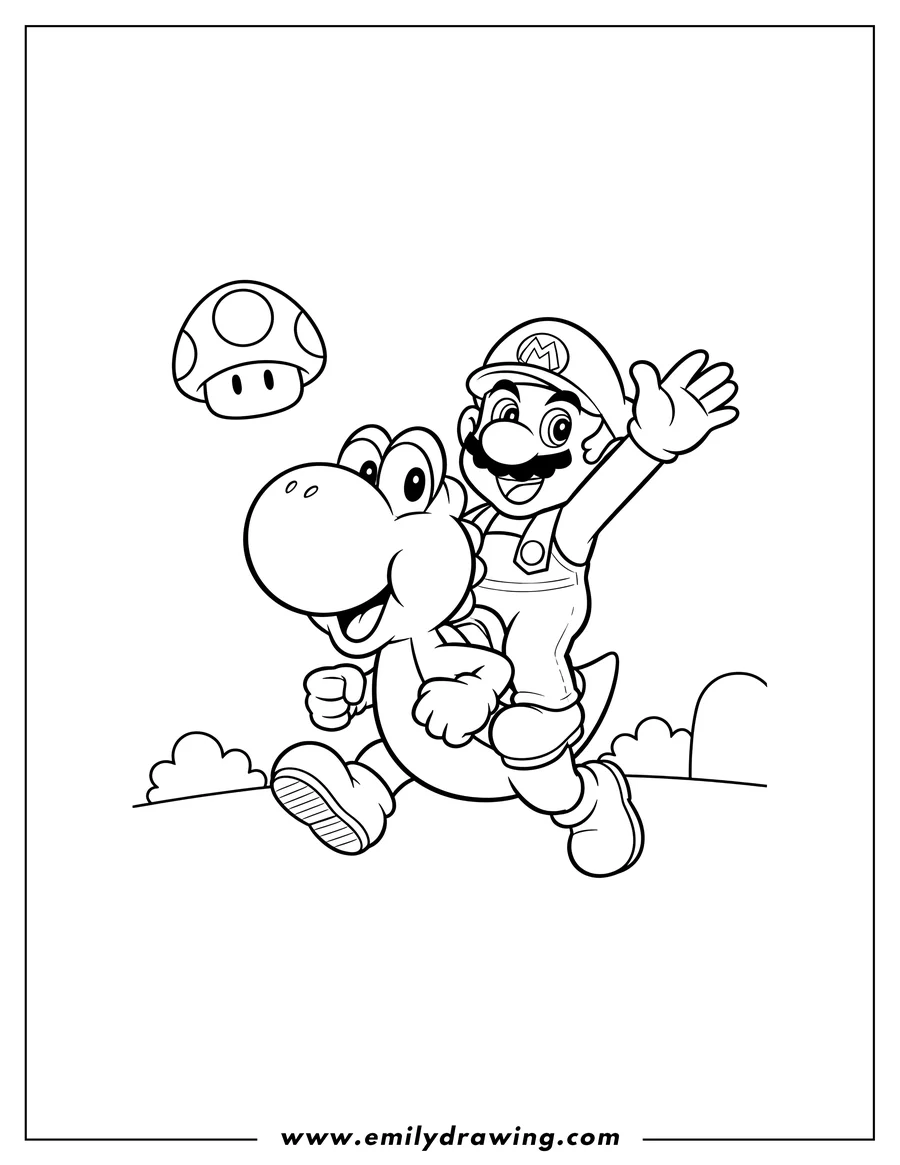 High quality printable yoshi And Mario Scaled, with Mario happily riding Yoshi and raising his arm for coloring