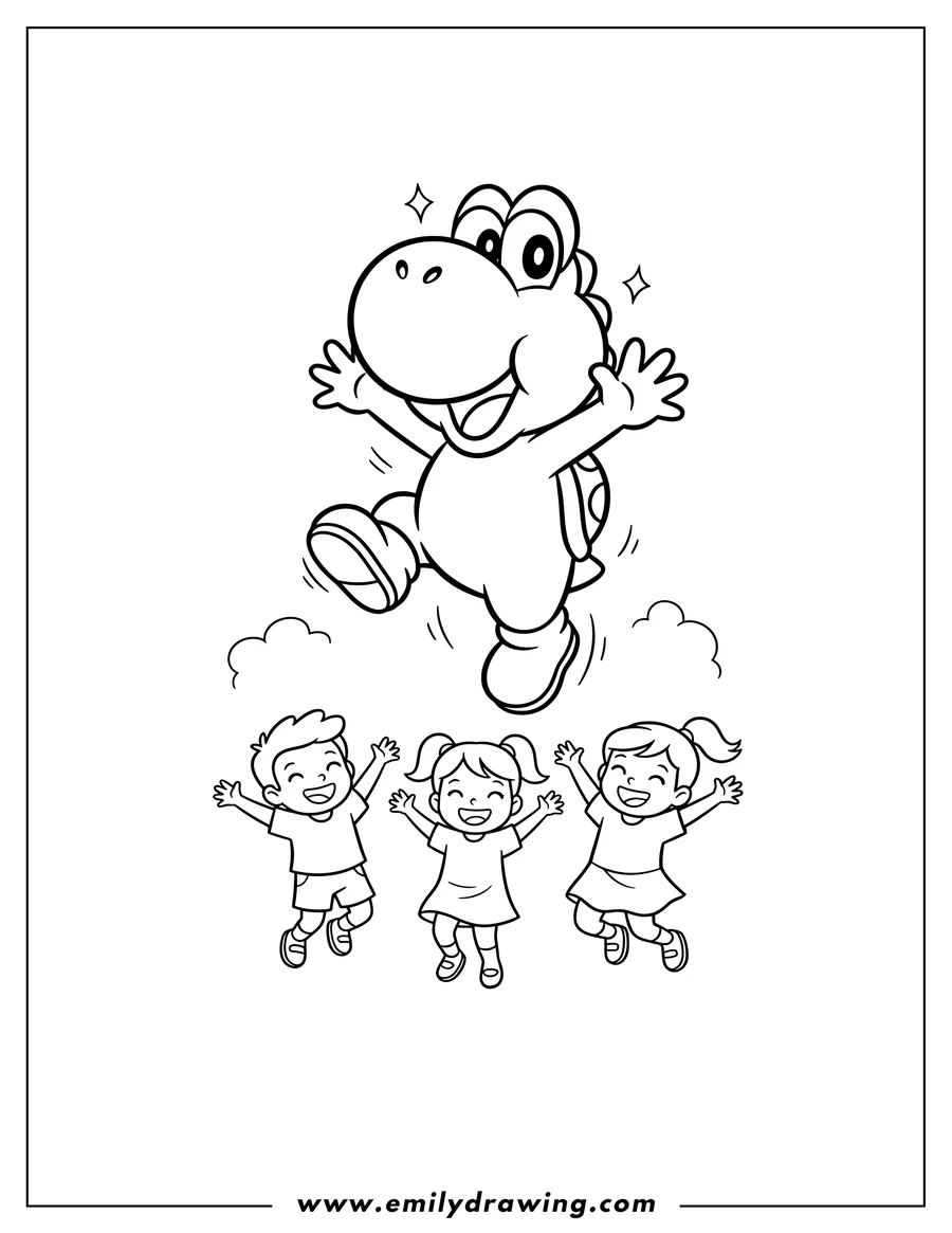 Black and white line art of kawaii Yoshi leaping with a happy expression Preschoolers